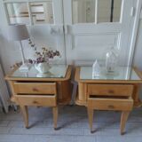 Pair of vintage bedside tables in raw wood, mirrored tops.
