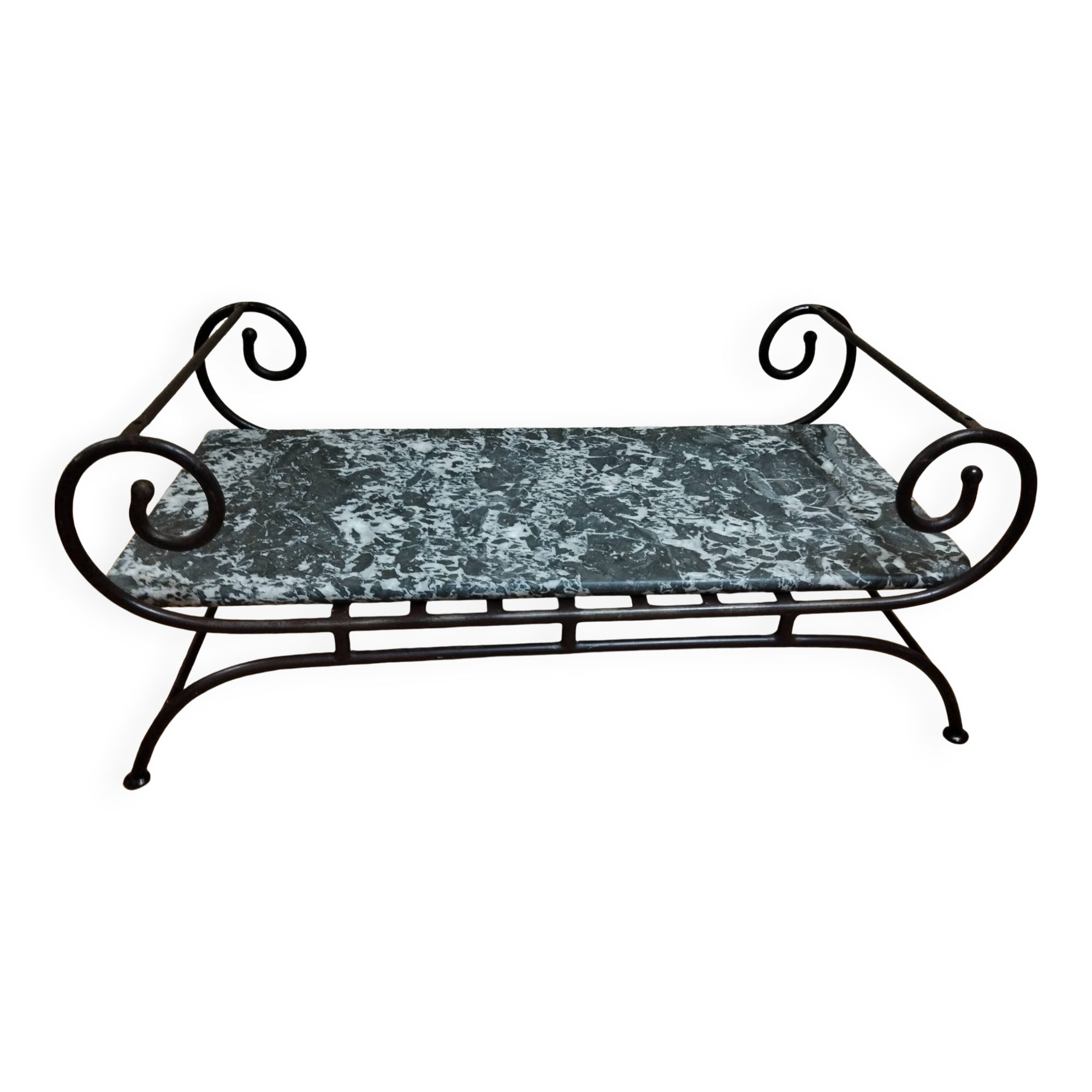 Polished Black and White Emperador marble coffee table, wrought iron base in Morocco