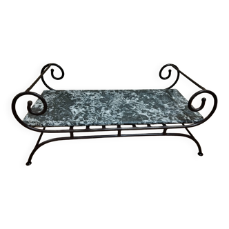 Polished Black and White Emperador marble coffee table, wrought iron base in Morocco
