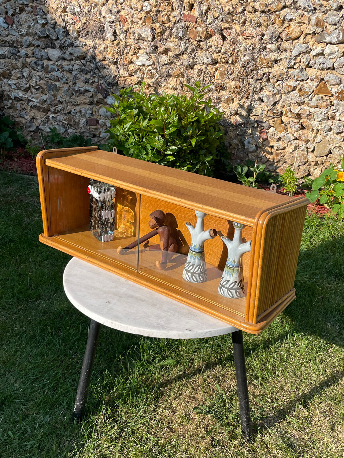 Vintage wall display case 1950 oak and wicker