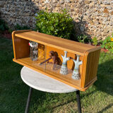 Vintage wall display case 1950 oak and wicker