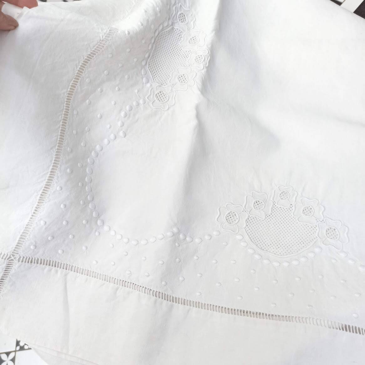 Large hand-embroidered antique linen bed sheet