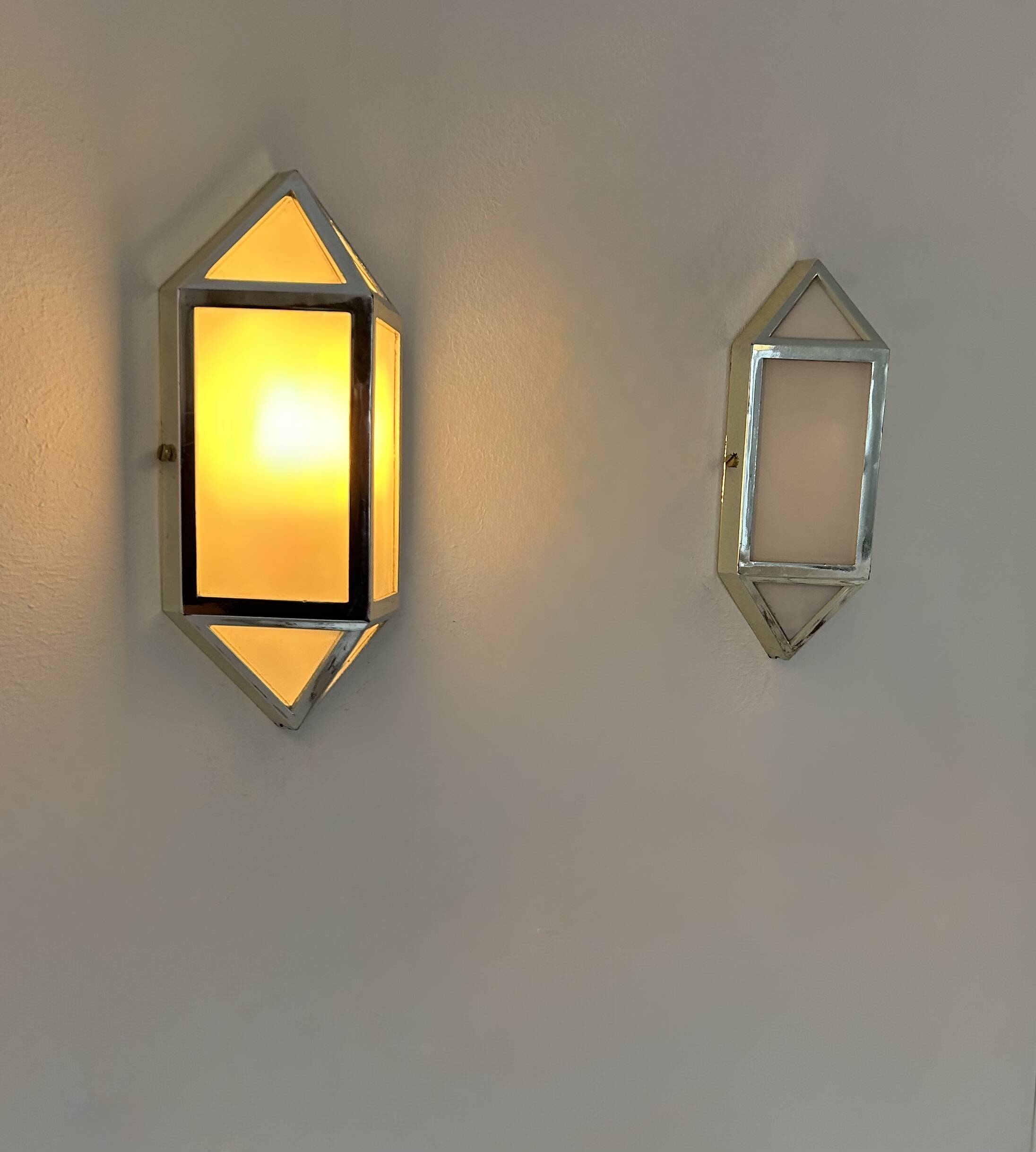 Pair of vintage wall lights, chrome-plated ABS and satin-finish Perspex, France, 1980