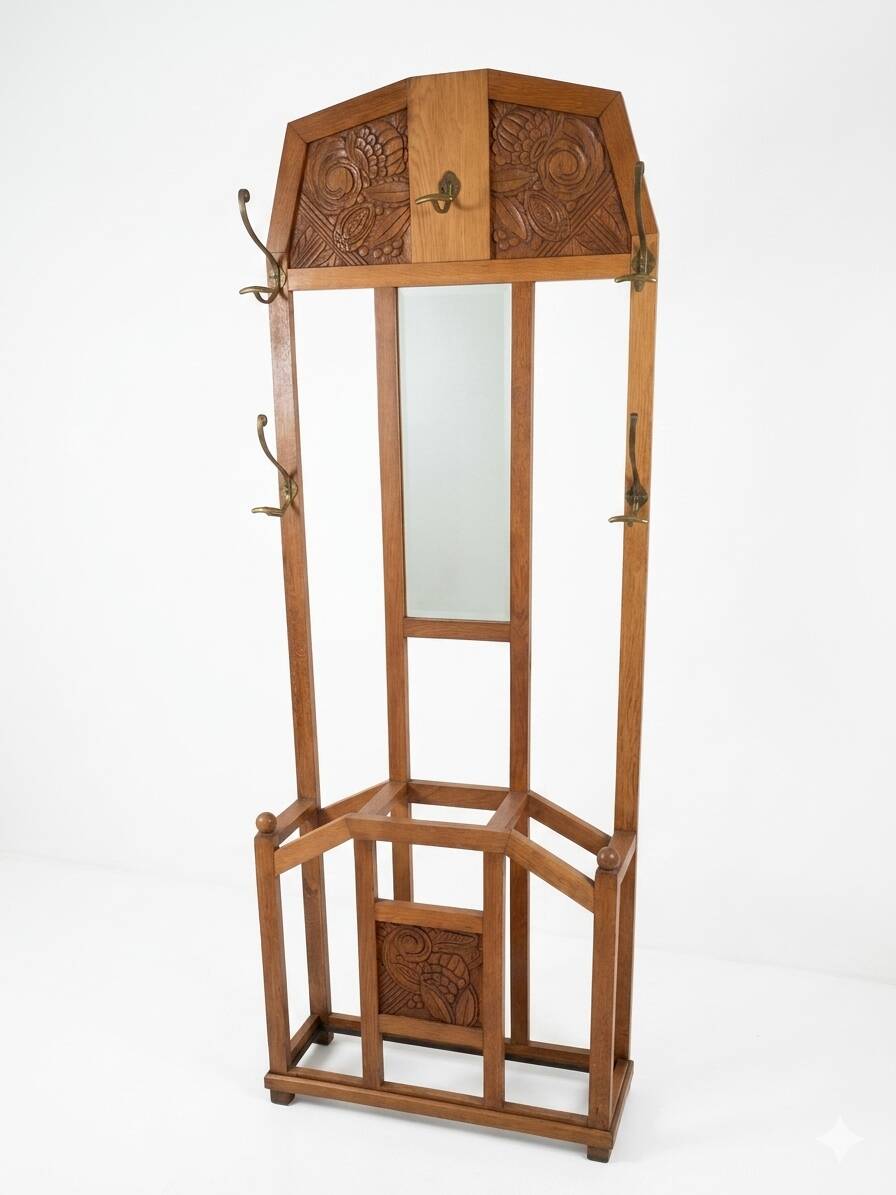 Art Deco coat rack wardrobe in solid oak
