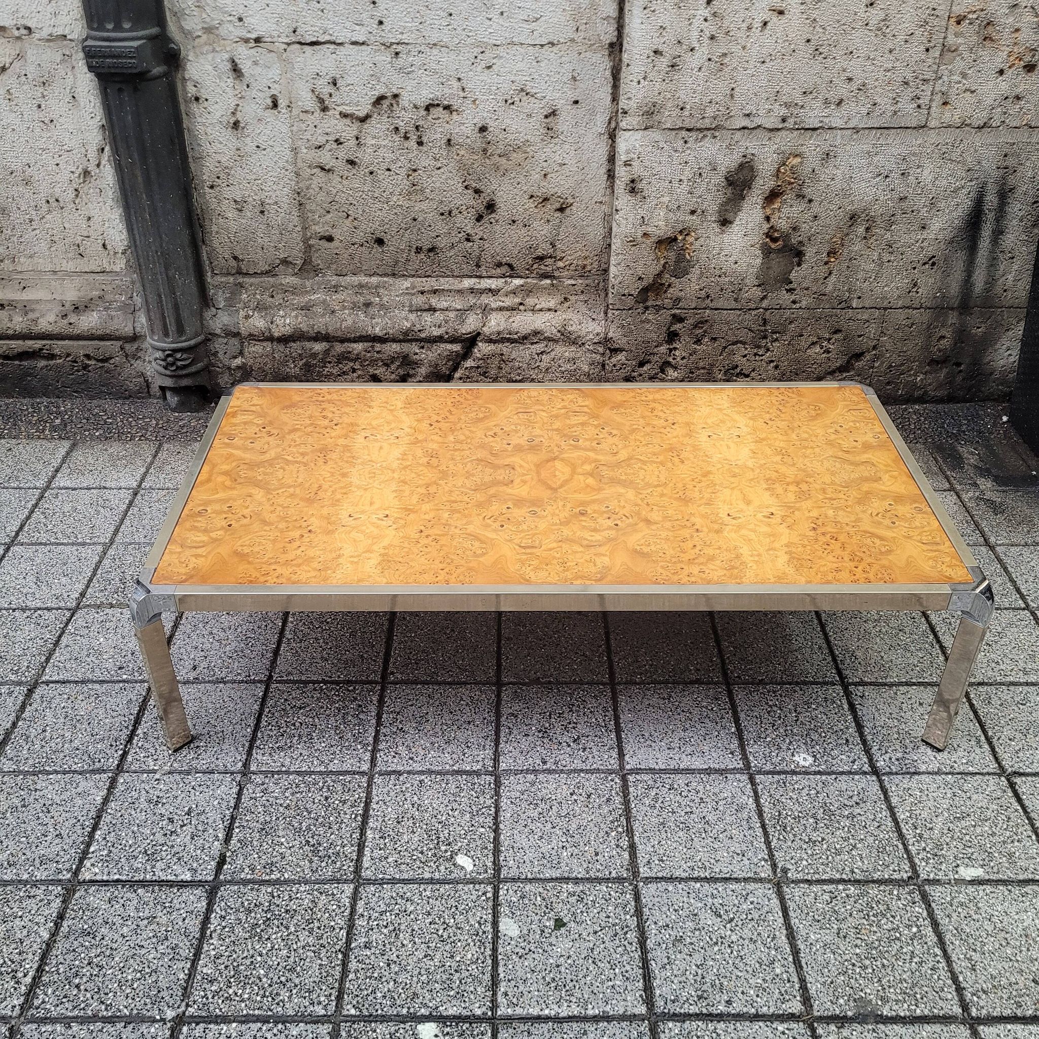 Table basse en ronce de bois et acier, France années 1970