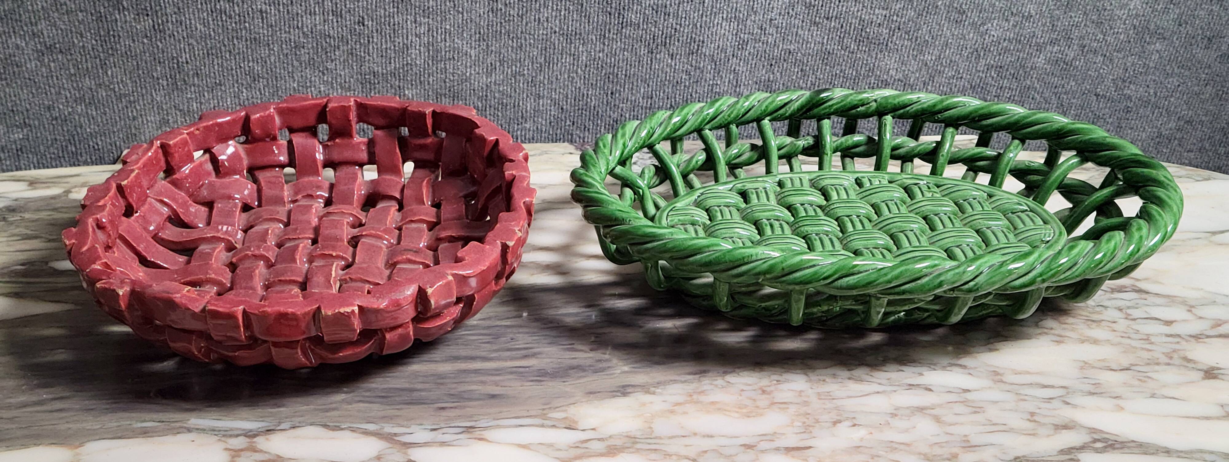 Two woven ceramic fruit baskets/centerpieces