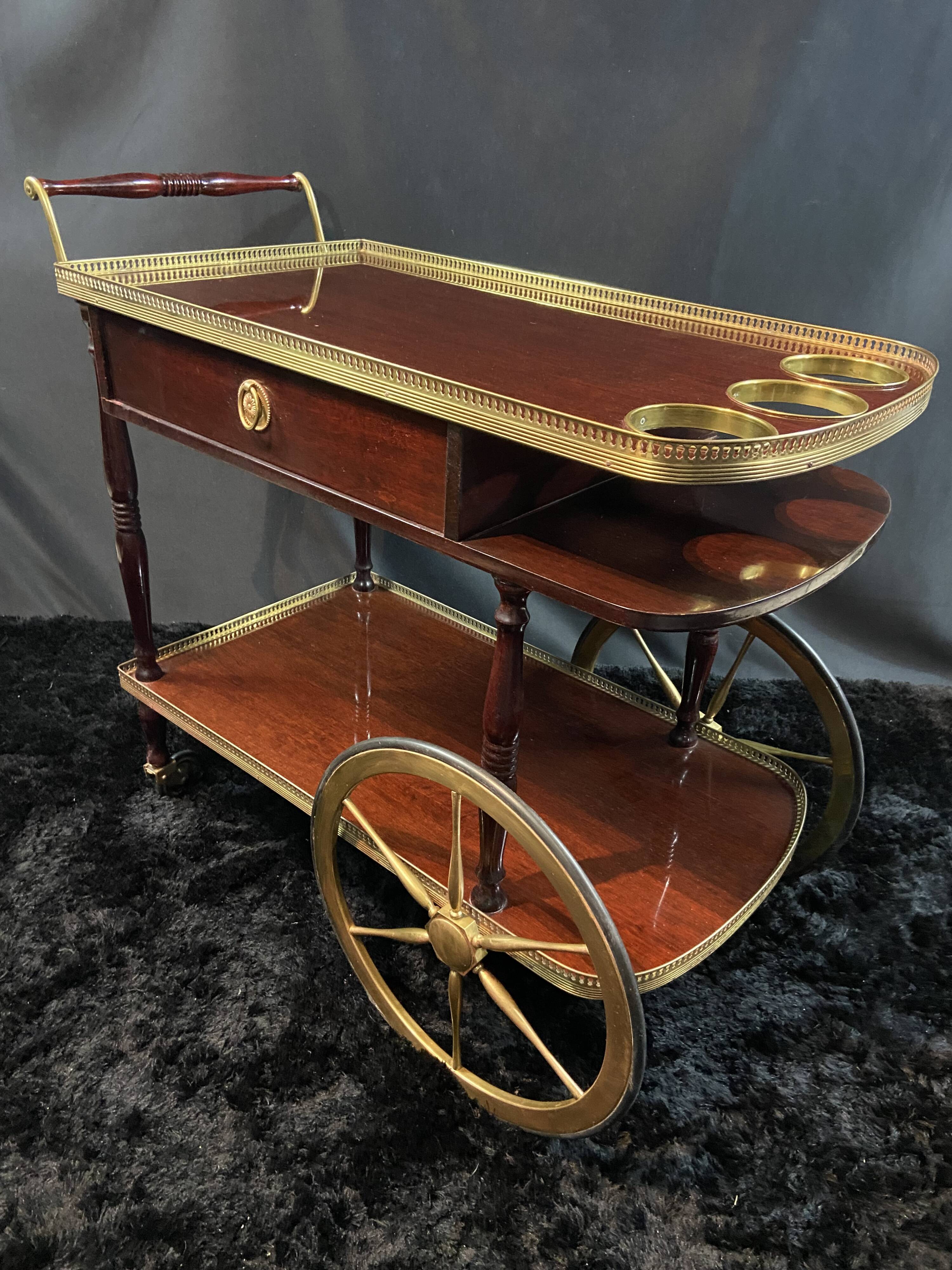 Rolling bar cart, bar trolley, bar rolling in varnished mahogany and brass