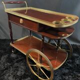 Rolling bar cart, bar trolley, bar rolling in varnished mahogany and brass
