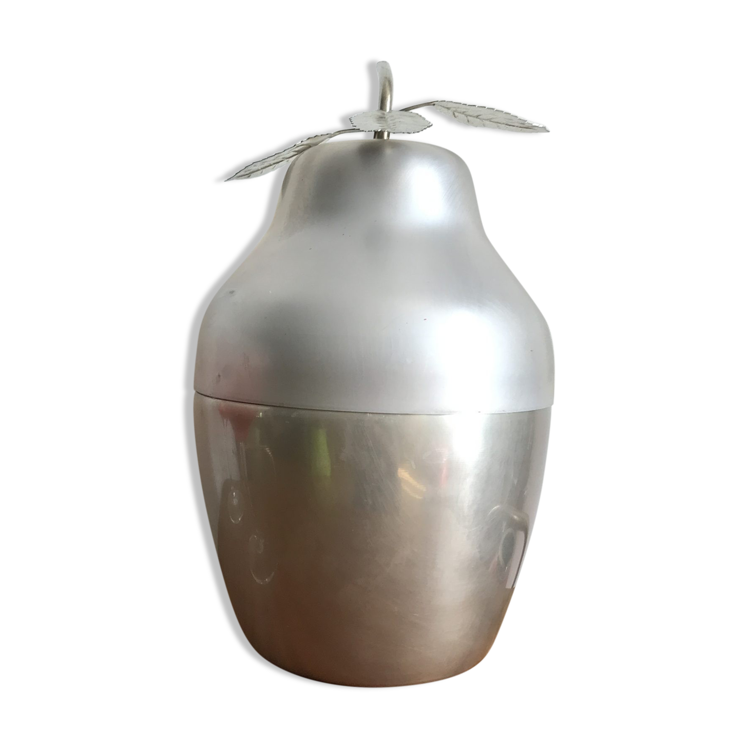 LARGE PEAR OR QUINCE IN BRUSHED ALUMINUM ICE BUCKET MADE IN ITALY AROUND 1970