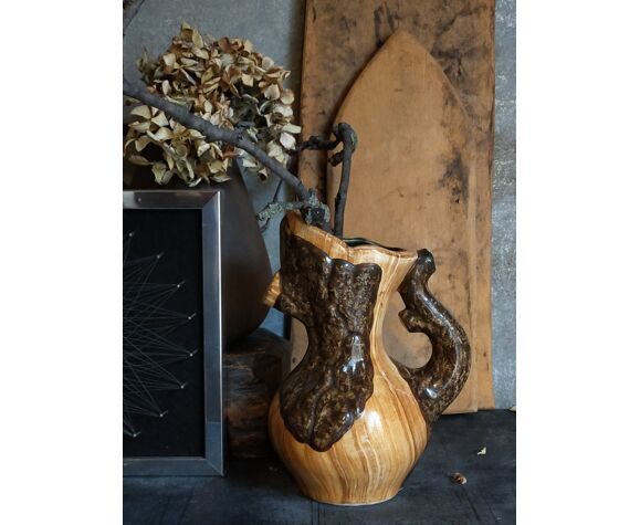 Faux-bois ceramic pitcher signed "Cérart" MONACO vintage