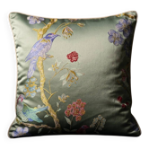 Handmade Satin Chinoiserie Bird Cushion, Cream Piped Botanical Pillow