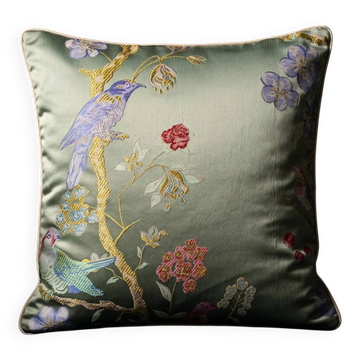 Coussin en satin Chinoiserie fait main, oreiller botanique crème avec passepoil