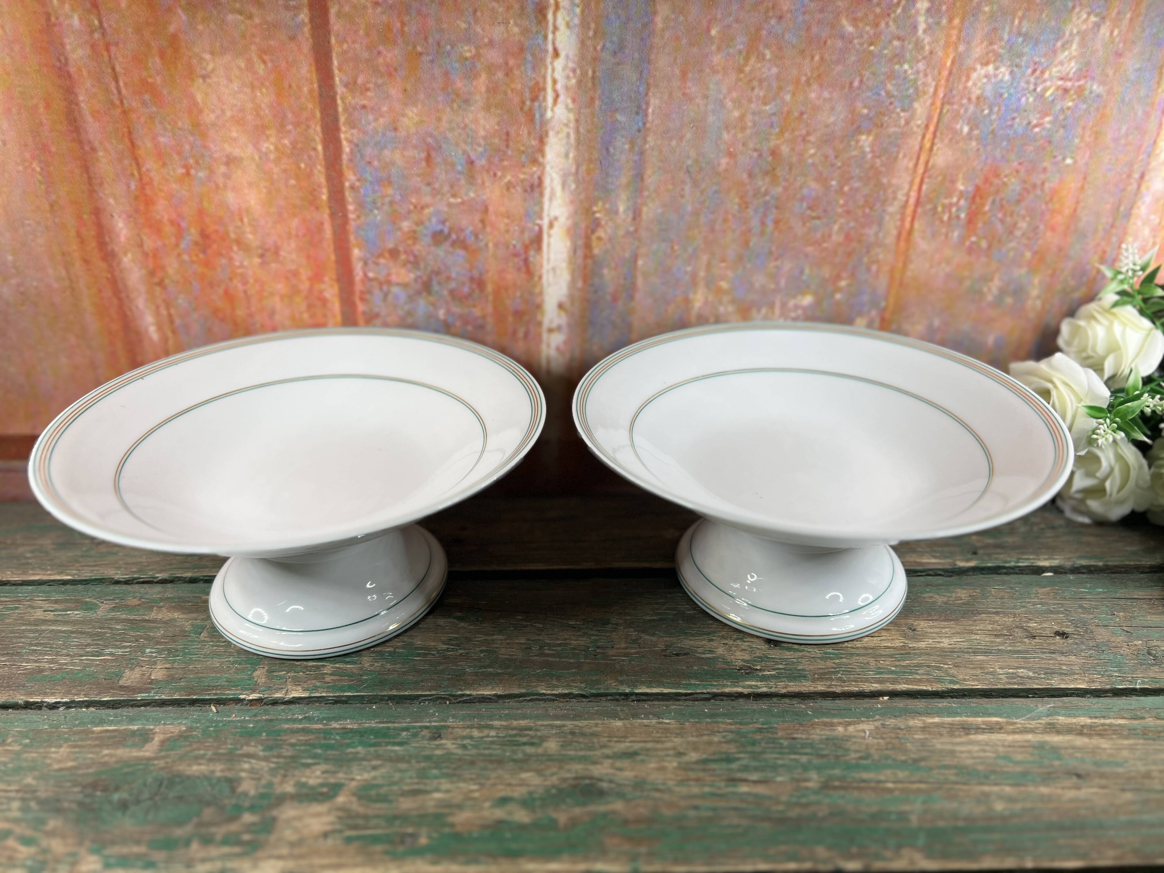 Pair of 2 white and green porcelain compote bowls