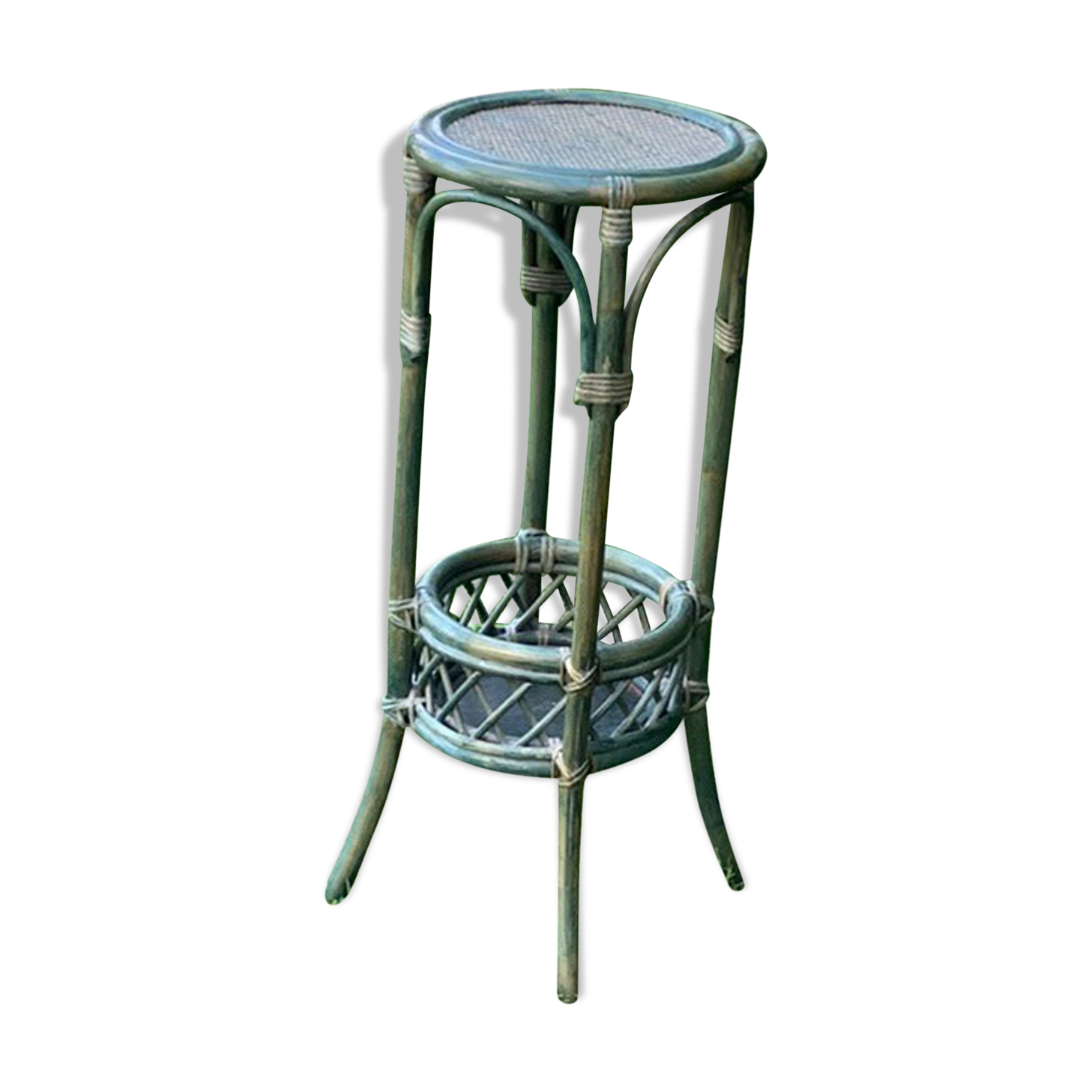 Guéridon harness carries plant in rattan and green bamboo vintage 1970