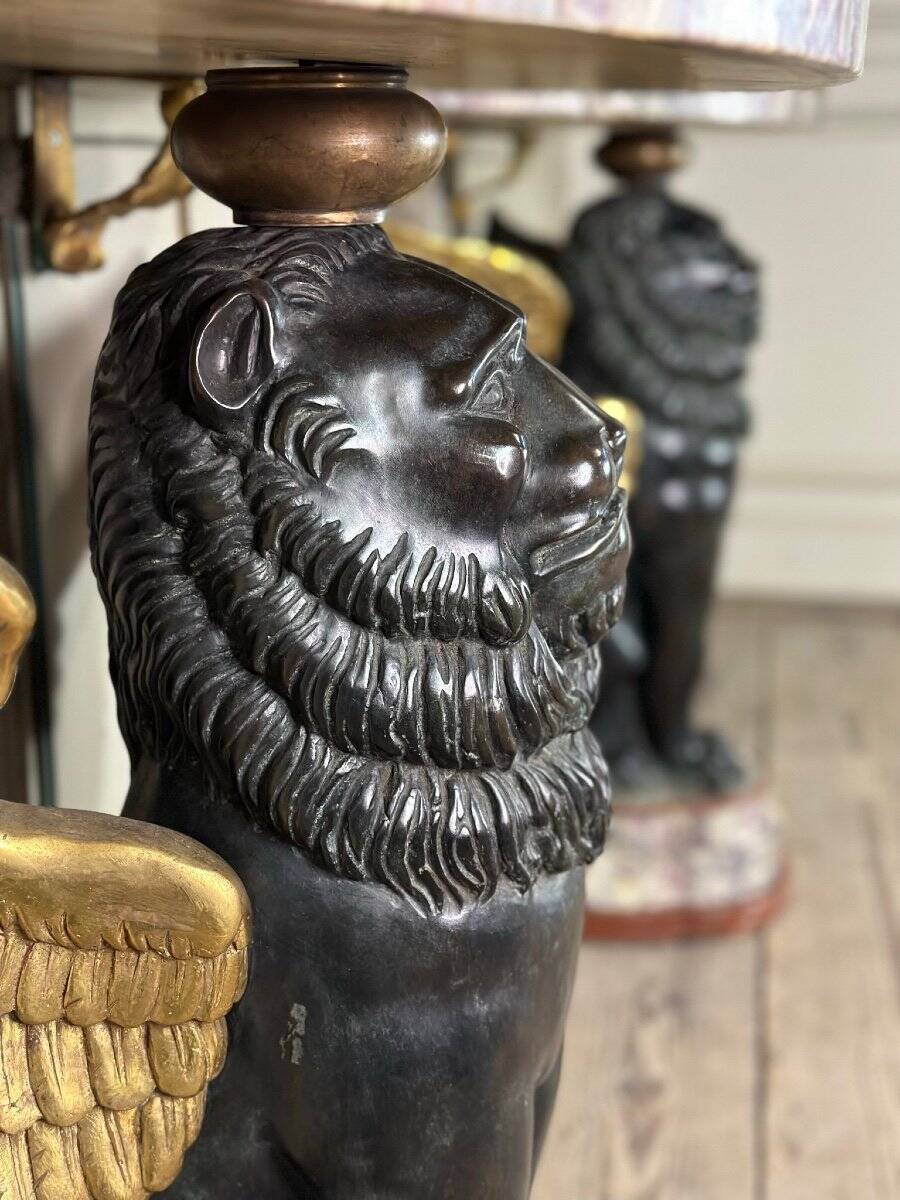 Pair of marble and bronze console tables, Italy, circa 1930