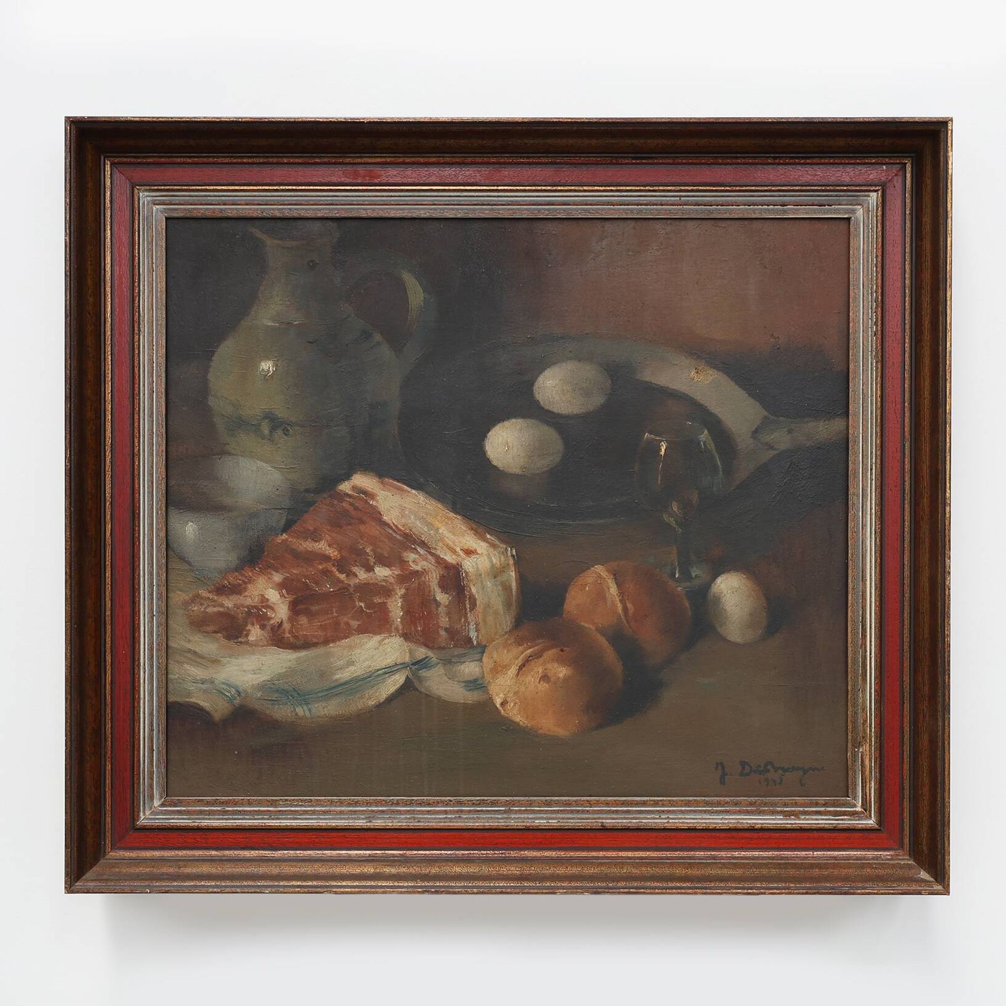 Flemish realist still life with ham, eggs and bread, signed and dated