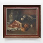 Flemish realist still life with ham, eggs and bread, signed and dated