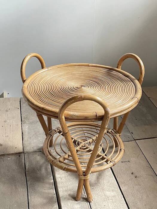 Vintage Sculptural Two-Tier Rattan Side Table with Loop Handles, Japan, 1970s
