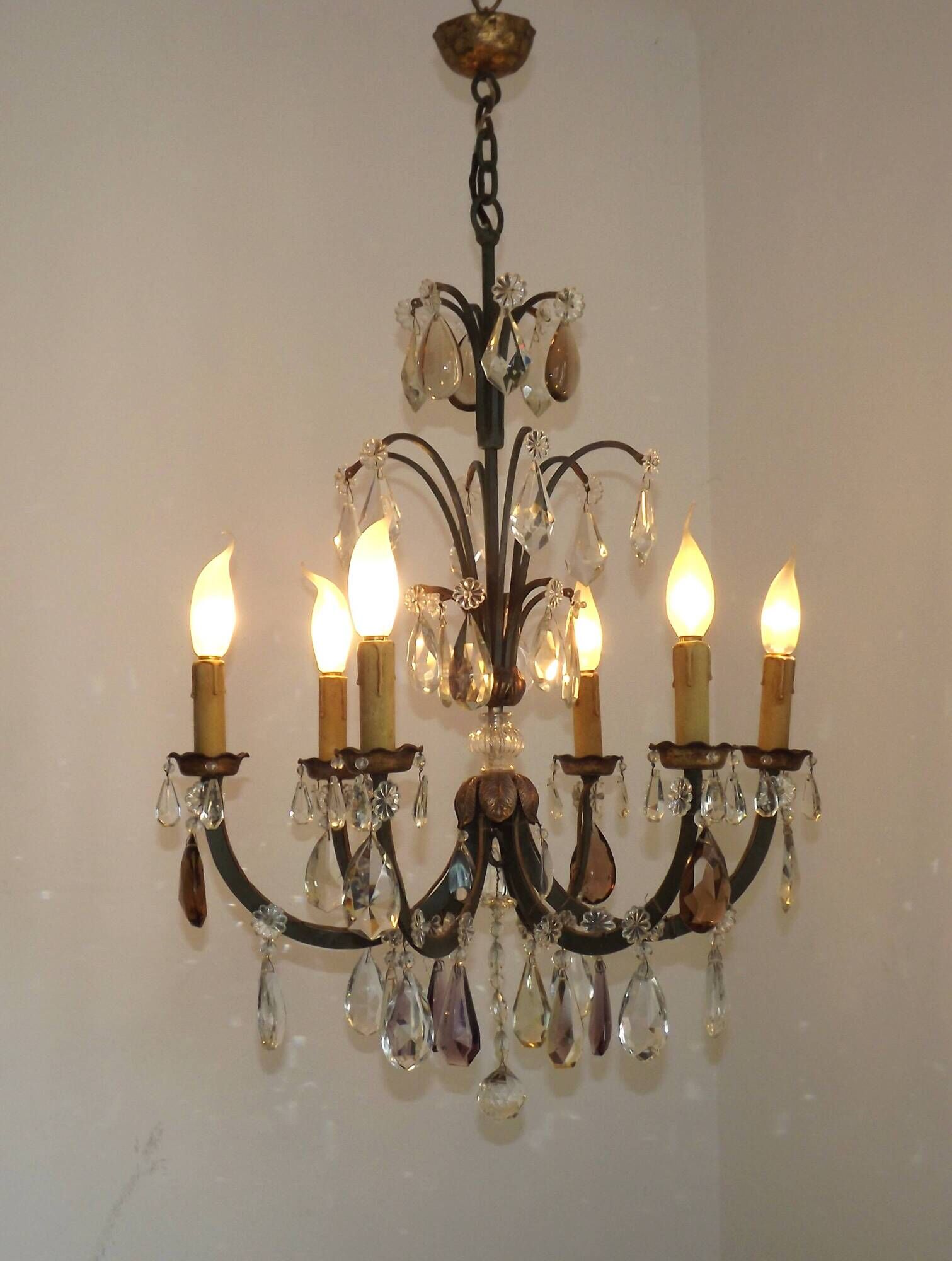 French Art Deco 6-Light Green Finish Bronze Crystal & Glass Chandelier 5343