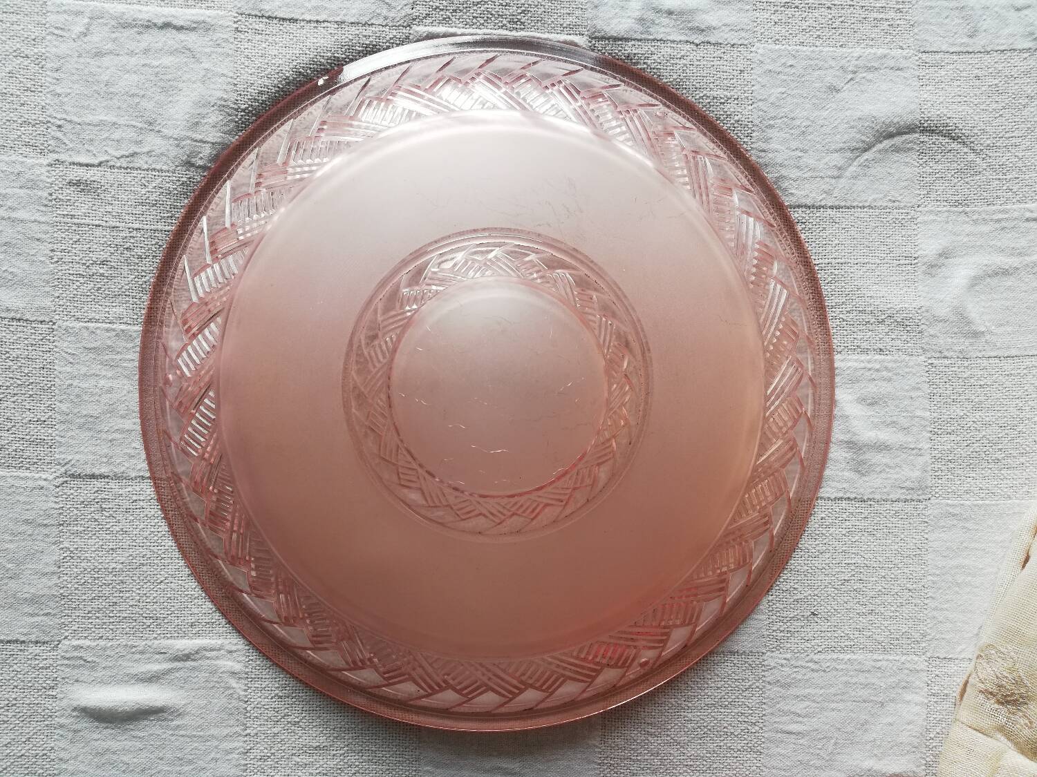 Antique ceiling light in frosted and engraved pink glass.