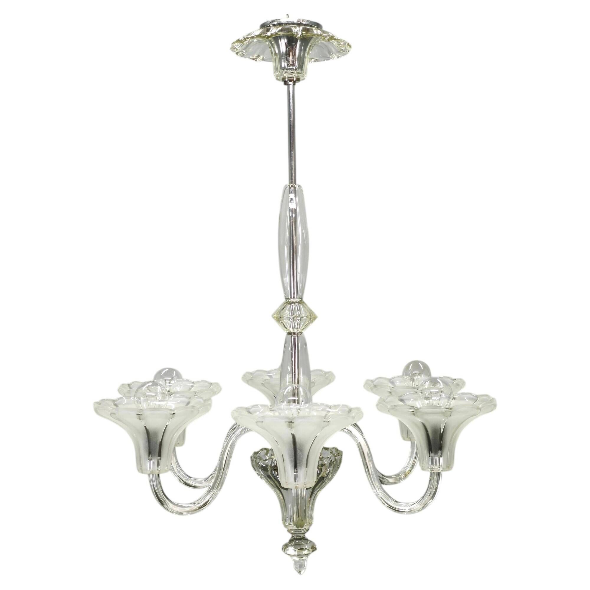 Art Deco Six-Arm Glass Chandelier, Czechoslovakia, 1930s