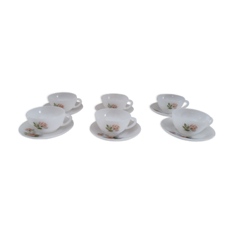 Set of 6 coffee cups and sub-cups vintage opaline decoration old pinks