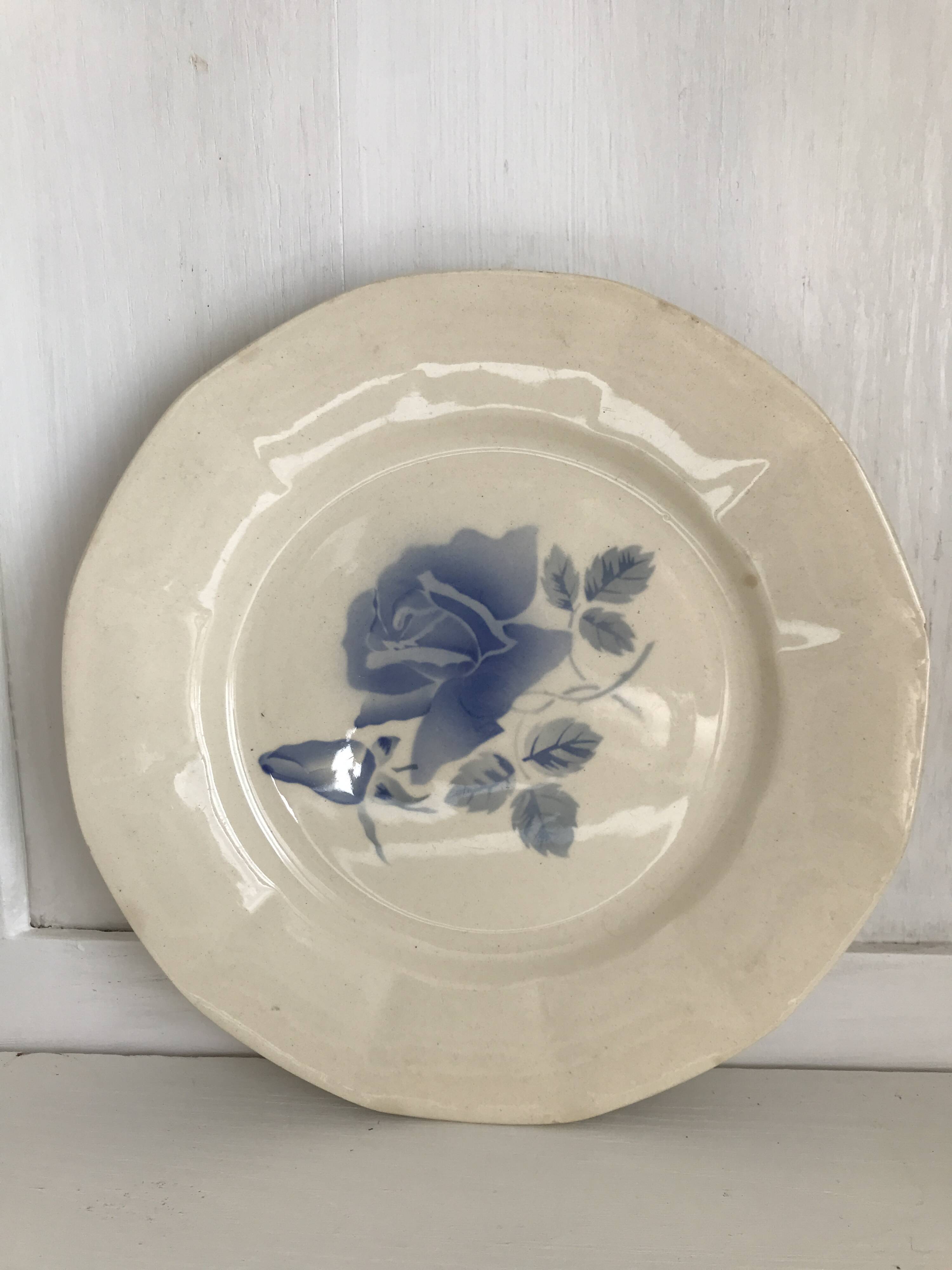 Set of 11 Digoin flat plates, blue rose patterns