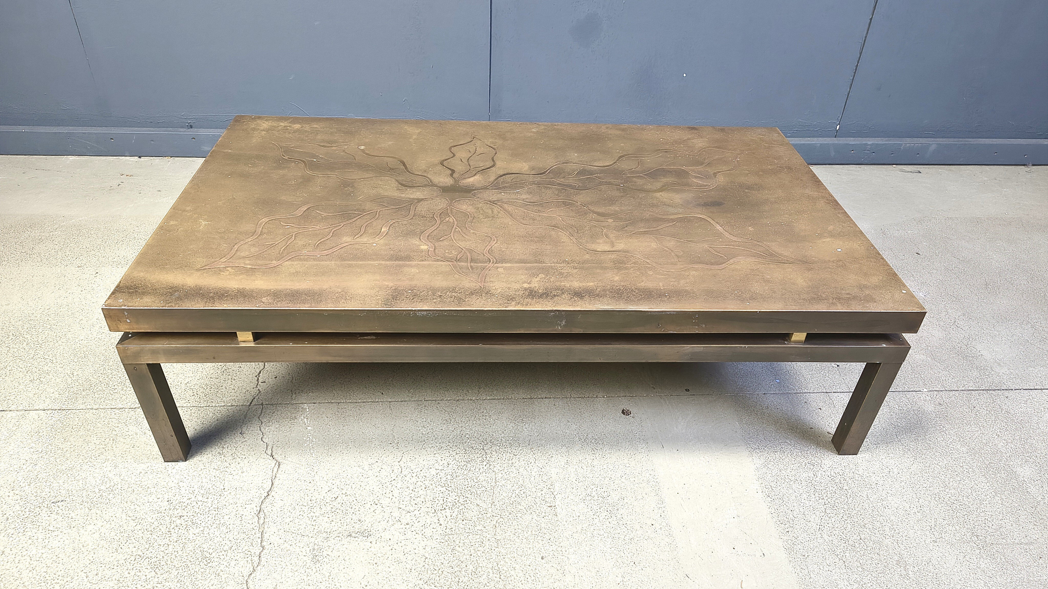 Vintage etched brass coffee table signed by Willy Daro, 1970s