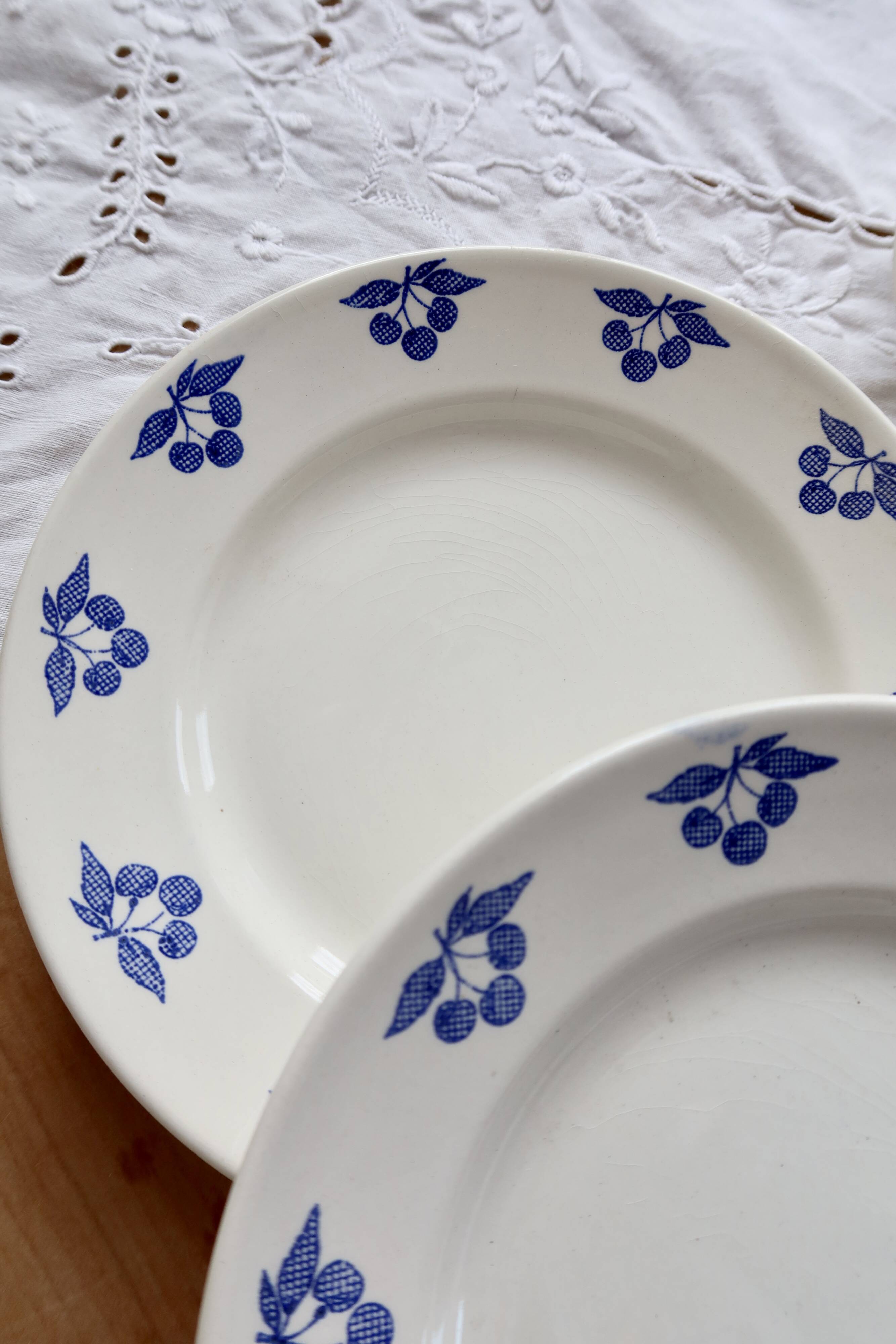 6 vintage white earthenware dessert plates - Blue cherry design