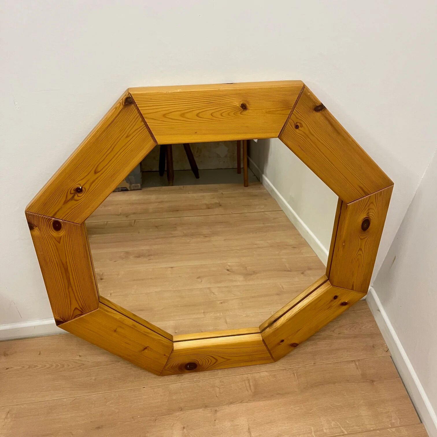Large octagonal pine mirror, Scandinavian, 1980.