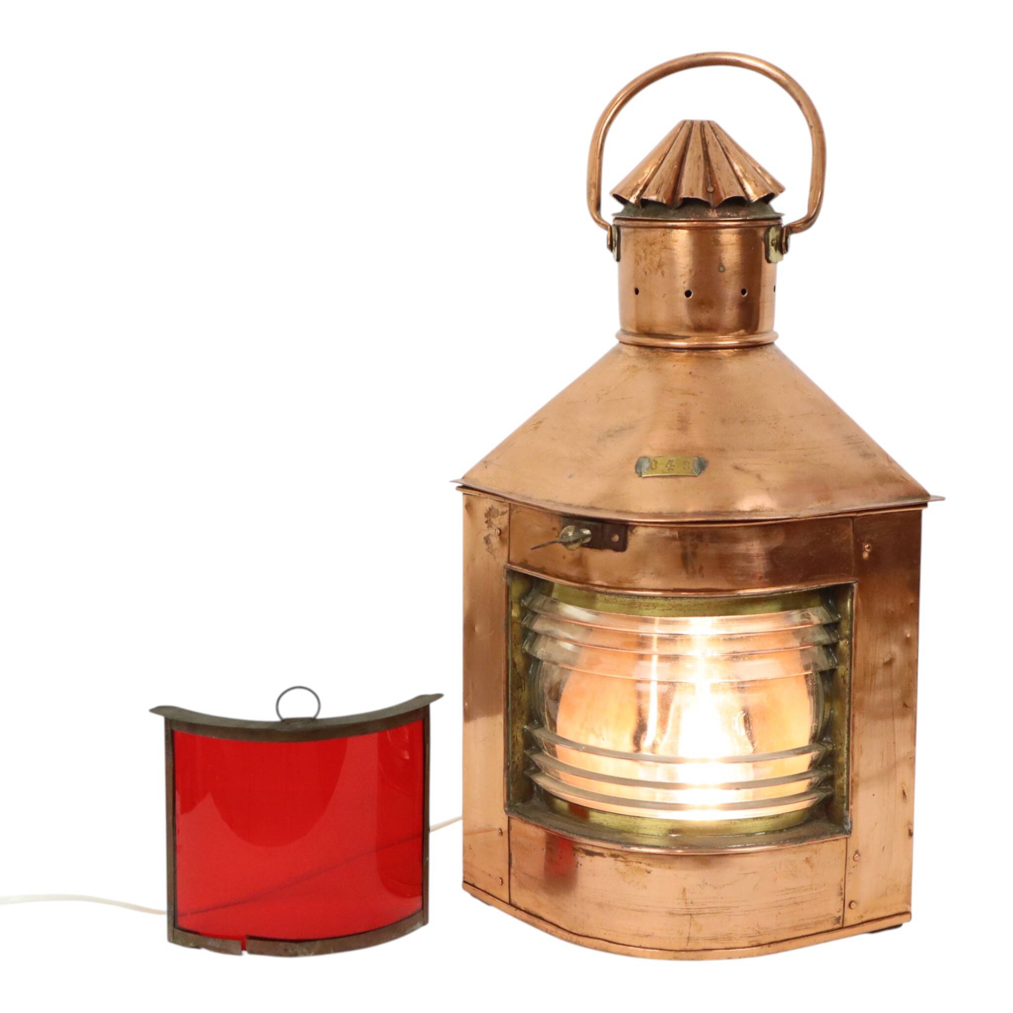 Large Vintage Ship's Lamp Red Copper Fresnel Lens 49cm