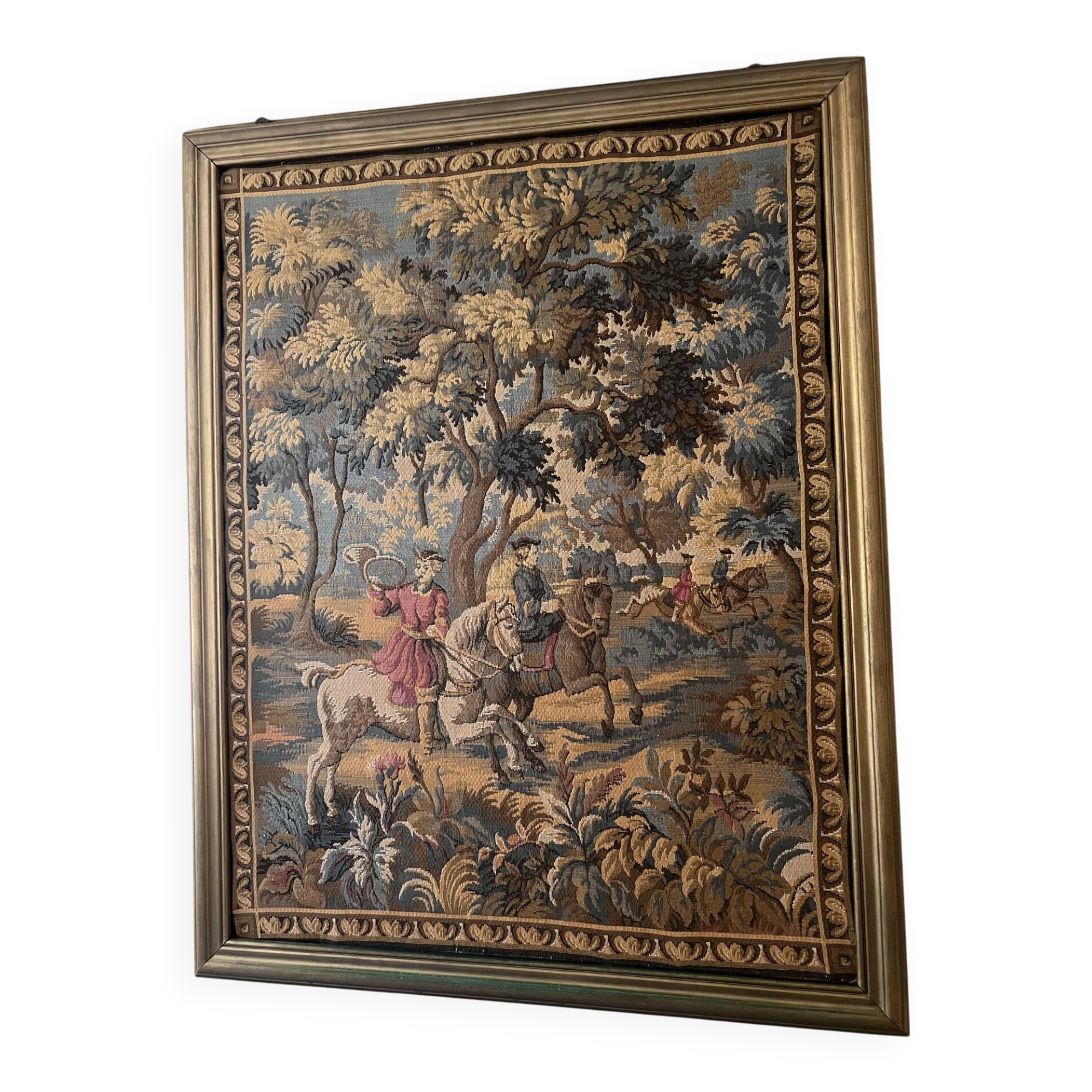 Antique wall tapestry in Aubusson style with a gilded moulded frame.