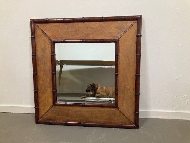Big faux bamboo and leather mirror