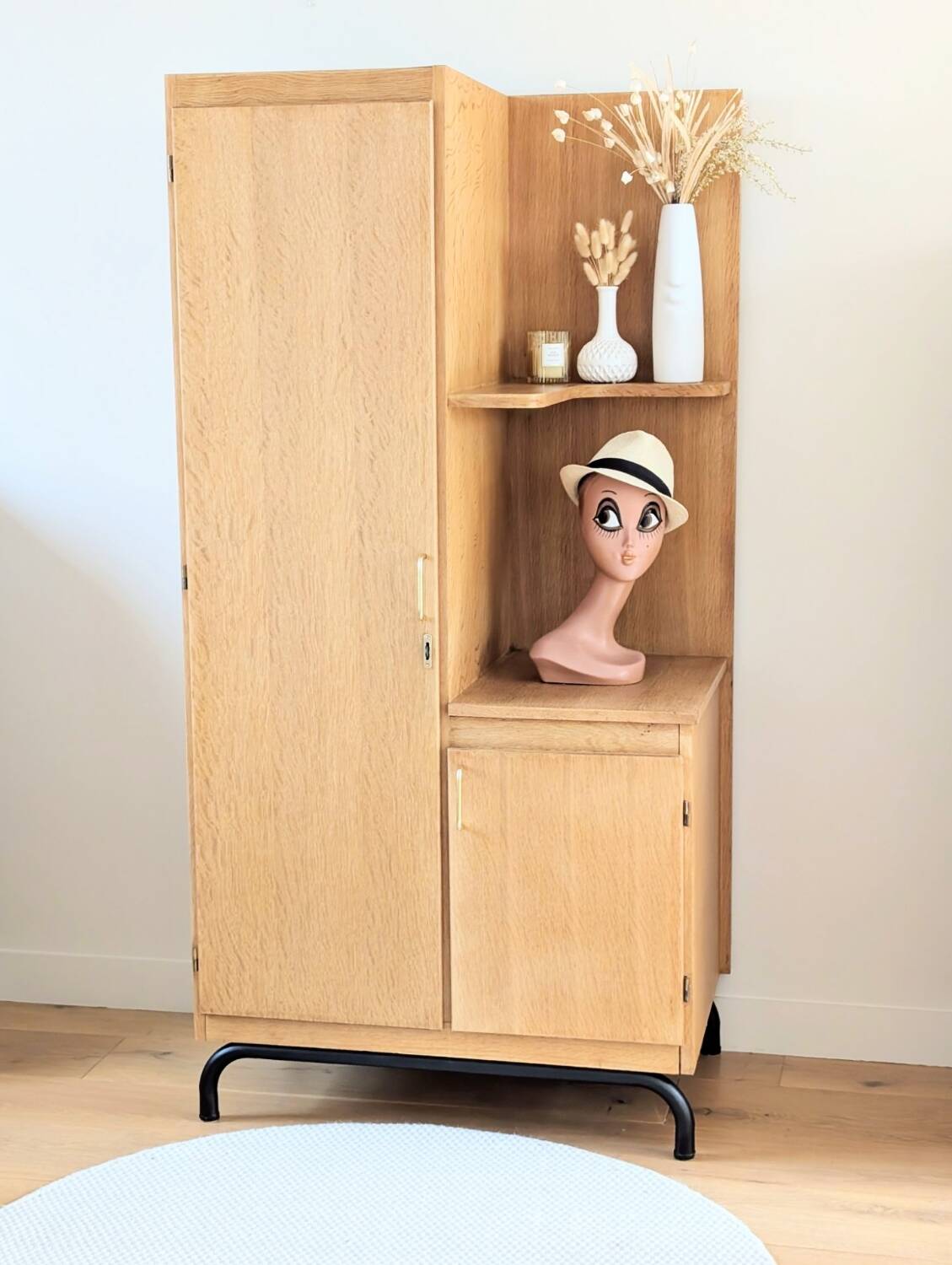 Renovated vintage 1950s oak boarding school wardrobe