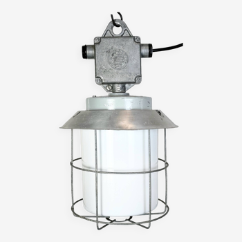 Industrial aluminium cage light with milk glass from elektrosvit, 1970s
