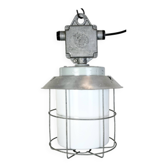 Industrial aluminium cage light with milk glass from elektrosvit, 1970s