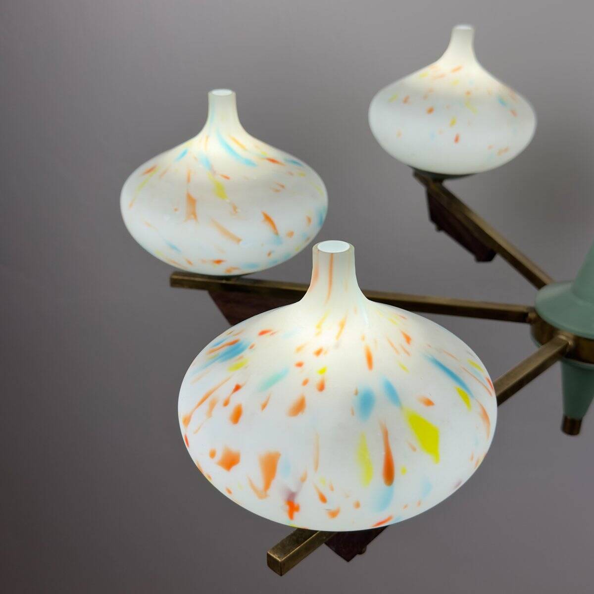 Mid-century chandelier with teak and Murano glass by Stilnovo, Italy, 1950s.