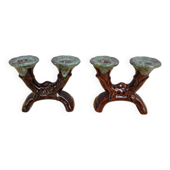 Pair of earthenware candlestick with two branches