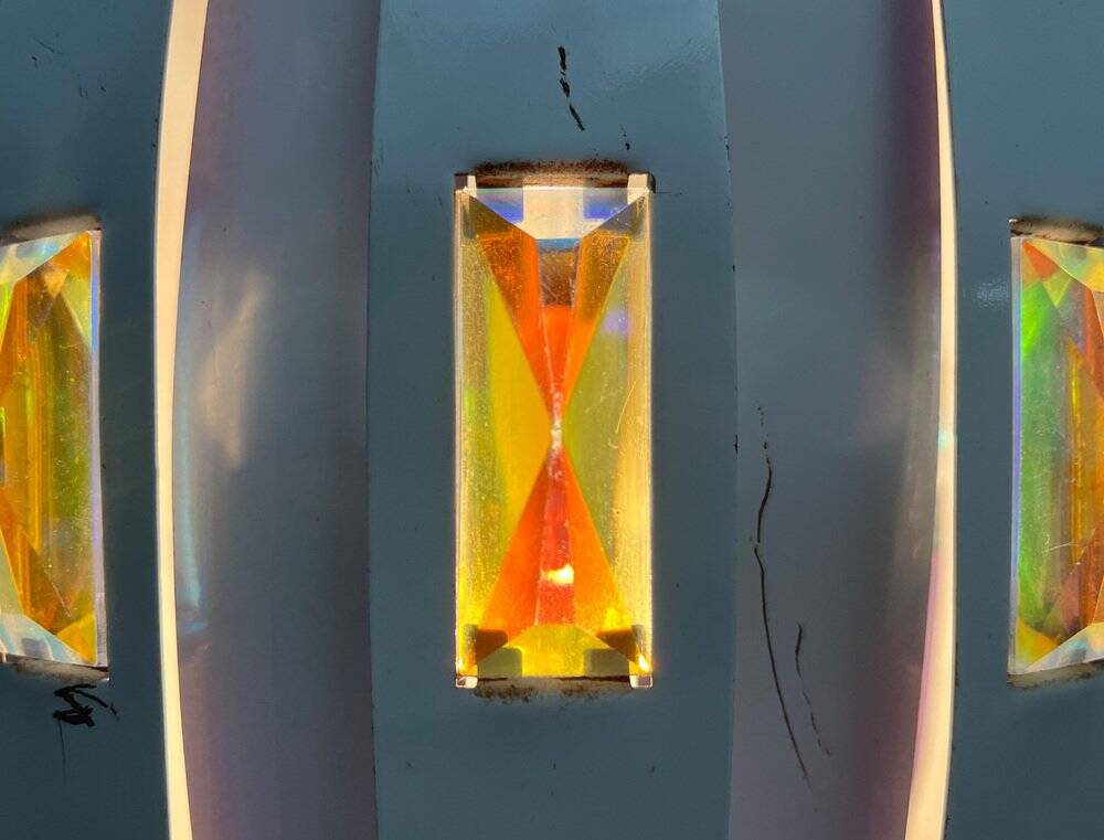 Metal pendant lamp and prism model in white mid-century by Werner Schou for Coronell Elektro, Denmark, 1960s.