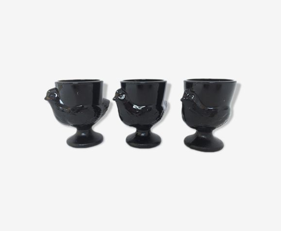 Trio de coquetiers "Poules" verre noir 1960