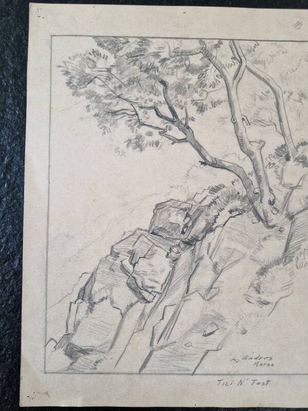 Louis John Endres (1896-1989) - Charcoal drawing on paper - Landscape Tizi N'Test, Grand Atlas Morocco