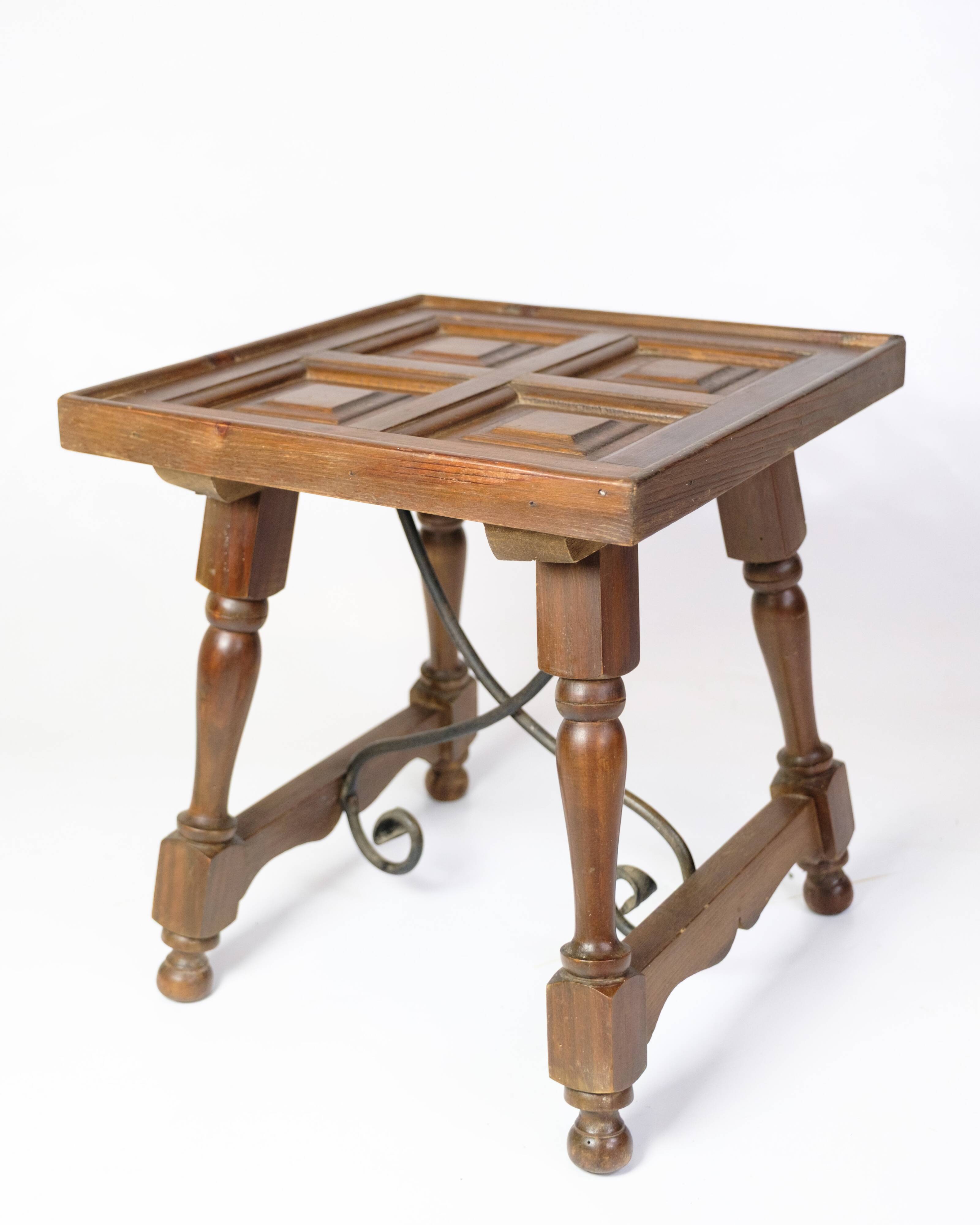 Side Table Made In Dark Wood With Turned Legs & Metal Struts From 1930s