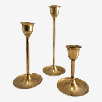 Trio of vintage Scandinavian design brass candle holders