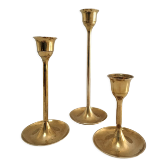 Trio of vintage Scandinavian design brass candle holders