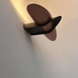 Vintage modernist wall lamp, black lacquered metal and wood, France 1980s