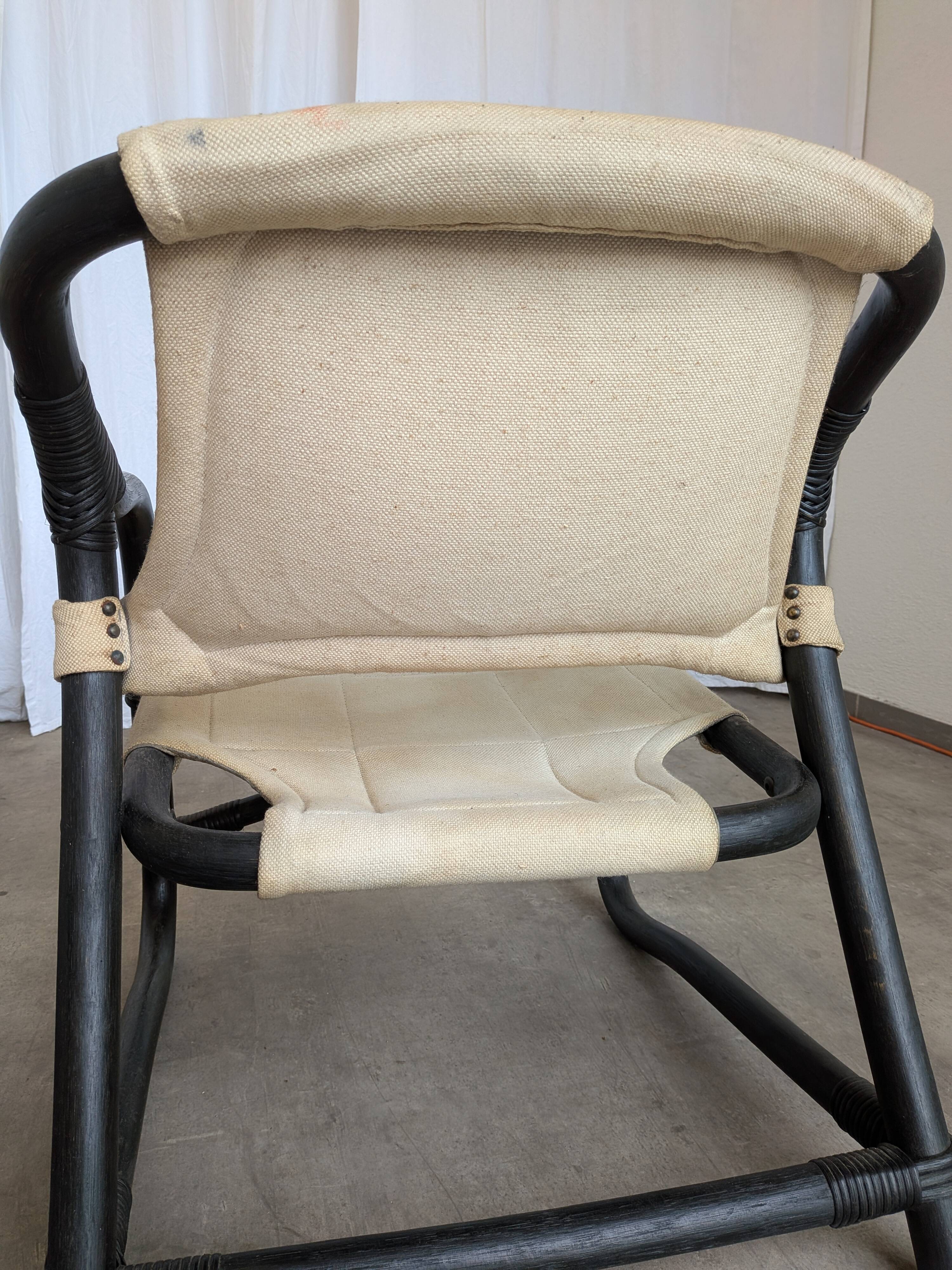 2 Vintage Espri Safari Lounge Armchairs / Rare Mid-century Black Bamboo and Beige Fabric Easy C