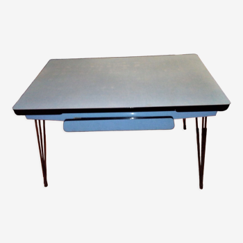 Table formica bleu tiroir pied effel avec rallonge
