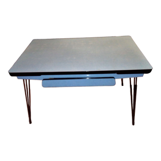 Table formica bleu tiroir pied effel avec rallonge