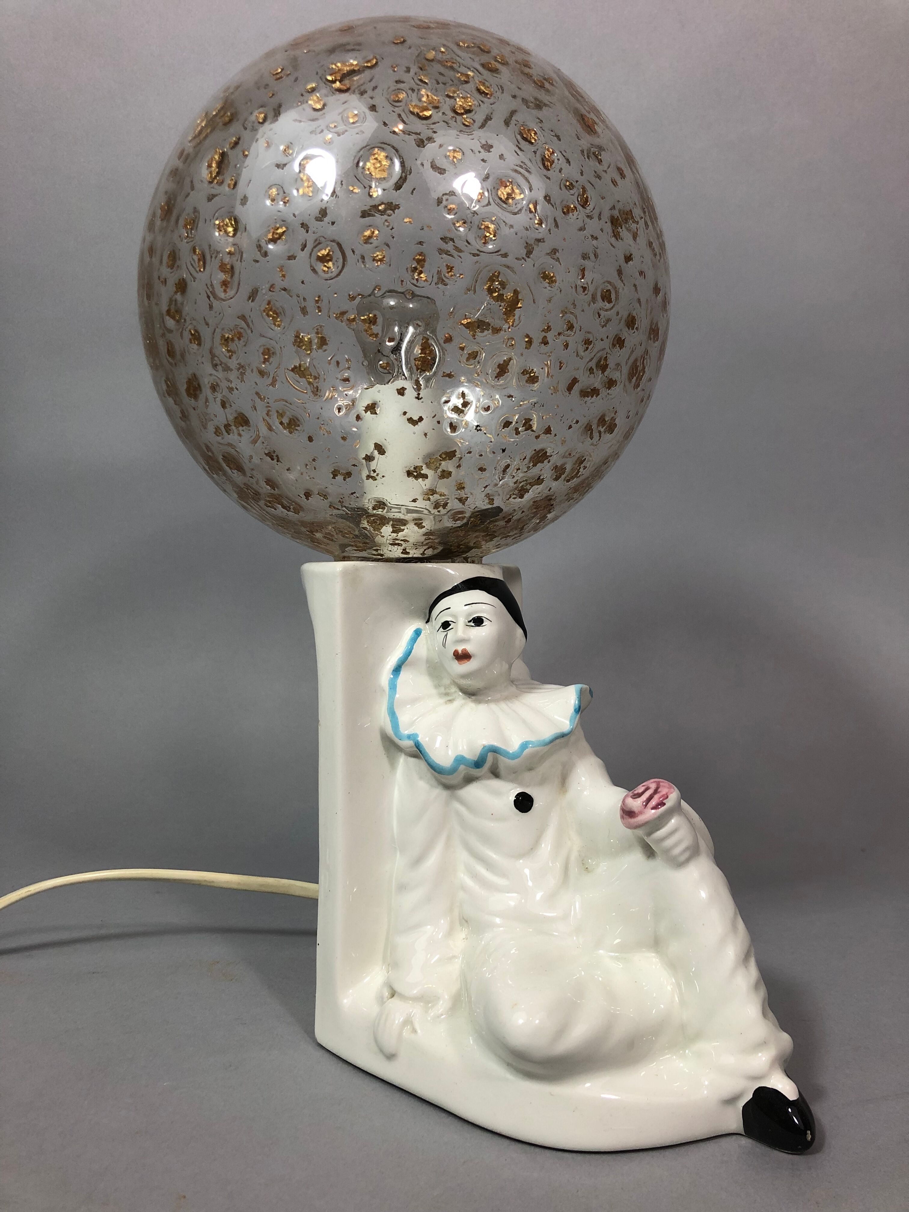 Vintage Pierrot bedside lamp from the 70s, porcelain, inlaid glass globe