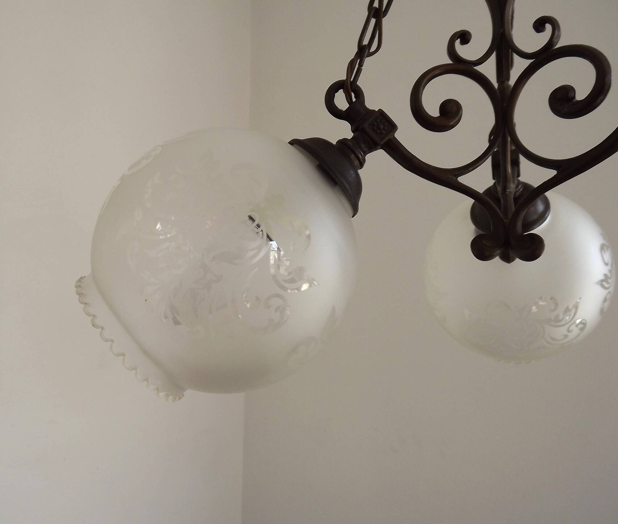 French Vintage 3 Light Bronze Effect Chandelier - Opaque Glass Ball Shades